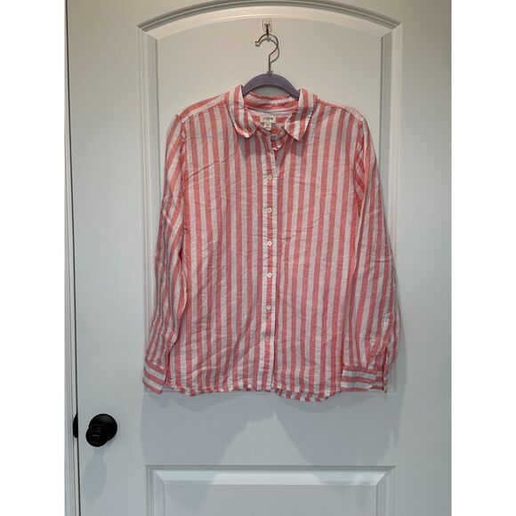 NWT J. Crew Factory Linen Blend Button Down Pink White Stripe Shirt Size XL - Picture 1 of 6